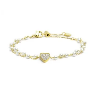 Bracciale donna marlù, collezione nel mio cuore, in acciaio dorato con doppia catena con perle.