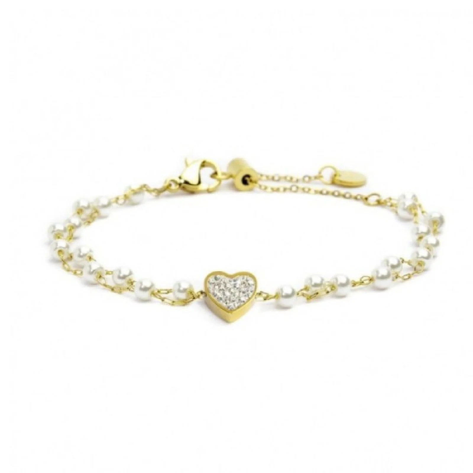 Bracciale donna marlù, collezione nel mio cuore, in acciaio dorato con doppia catena con perle.
